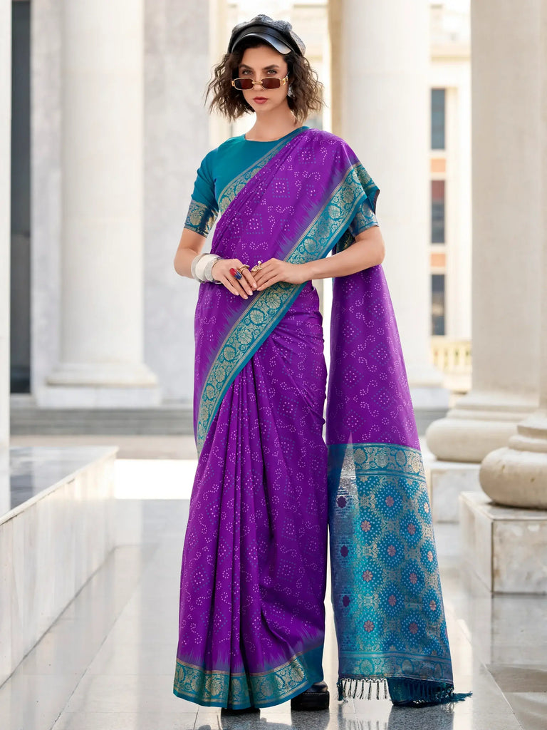 Charming Purple Bandhani Printed Silk Casual Wear Saree With Blouse