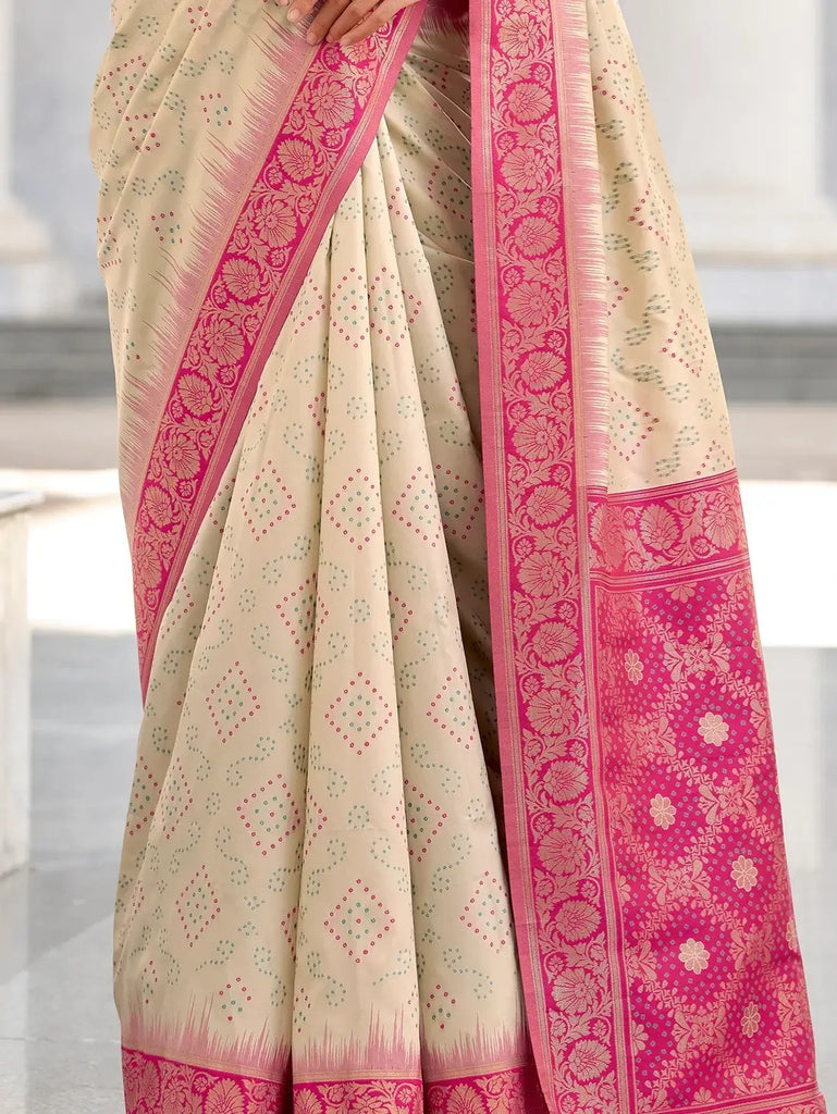 Adorable Beige Bandhani Printed Silk Traditional Saree With Blouse