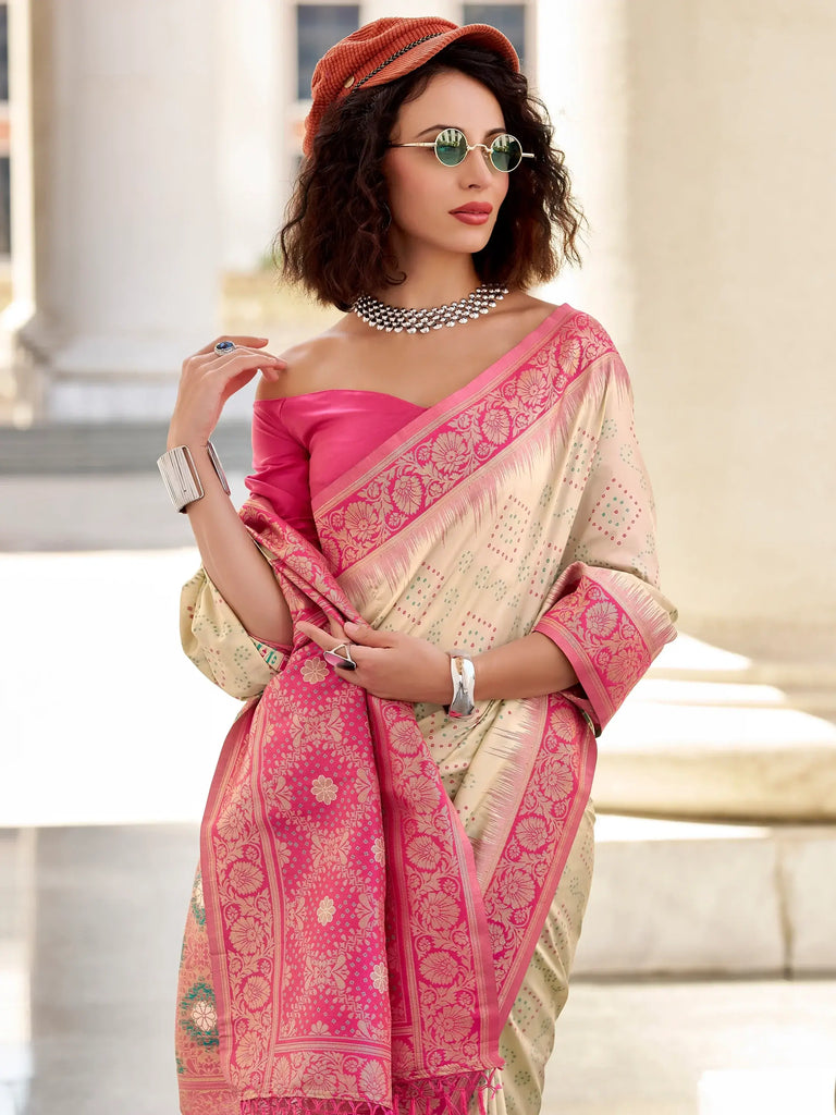 Adorable Beige Bandhani Printed Silk Traditional Saree With Blouse