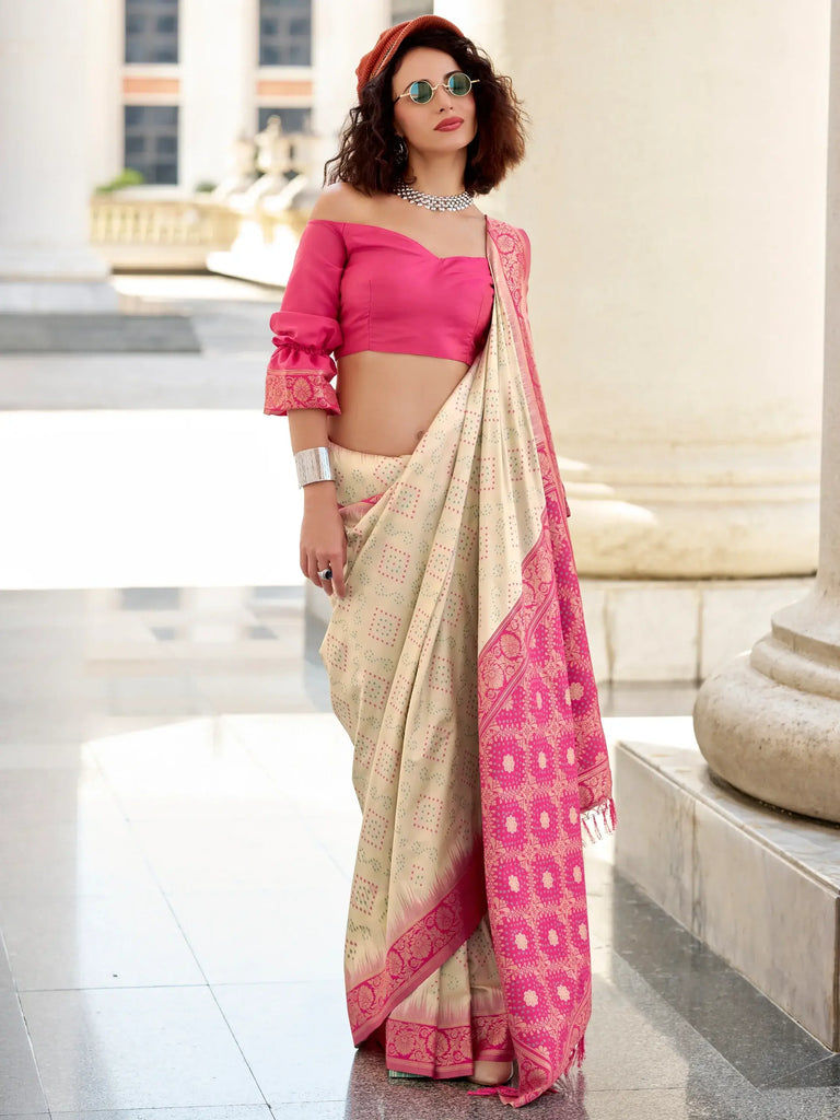 Adorable Beige Bandhani Printed Silk Traditional Saree With Blouse