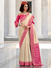 Adorable Beige Bandhani Printed Silk Traditional Saree With Blouse