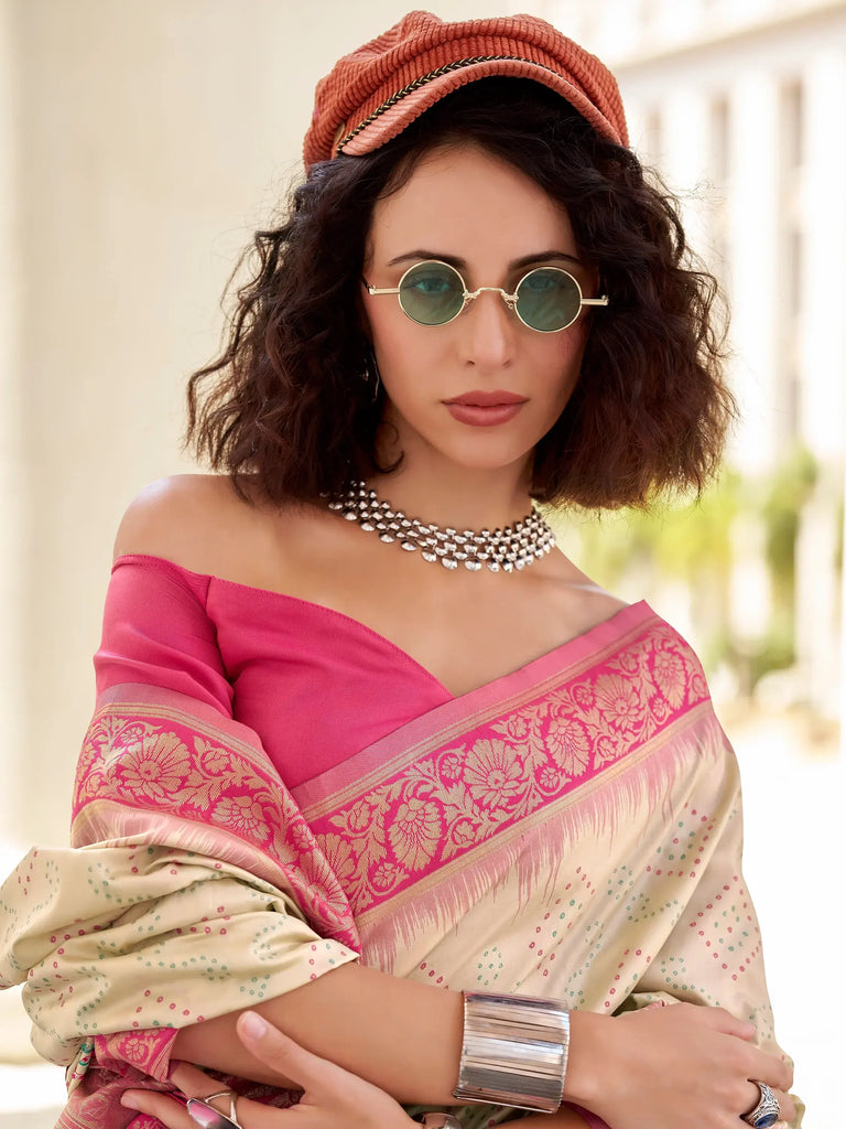 Adorable Beige Bandhani Printed Silk Traditional Saree With Blouse