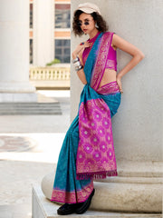 Precious Teal Blue Bandhani Printed Silk Festival Wear Saree With Blouse