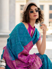 Precious Teal Blue Bandhani Printed Silk Festival Wear Saree With Blouse