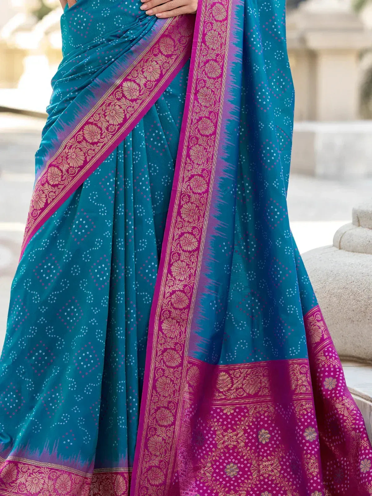 Teal saree with pink gold border, ethnic wear for women, designer saree with floral motifs