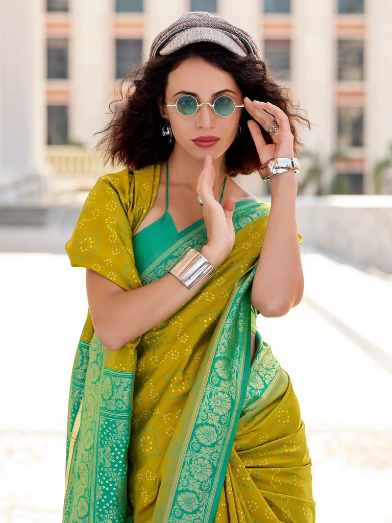 Sweet Olive Green Bandhani Printed Silk Casual Wear Saree With Blouse