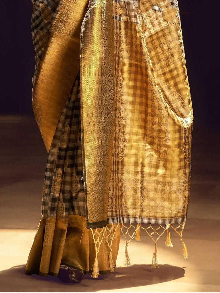 Astonishing Grey & Golden Zari Weaving Organza Festival Wear Saree