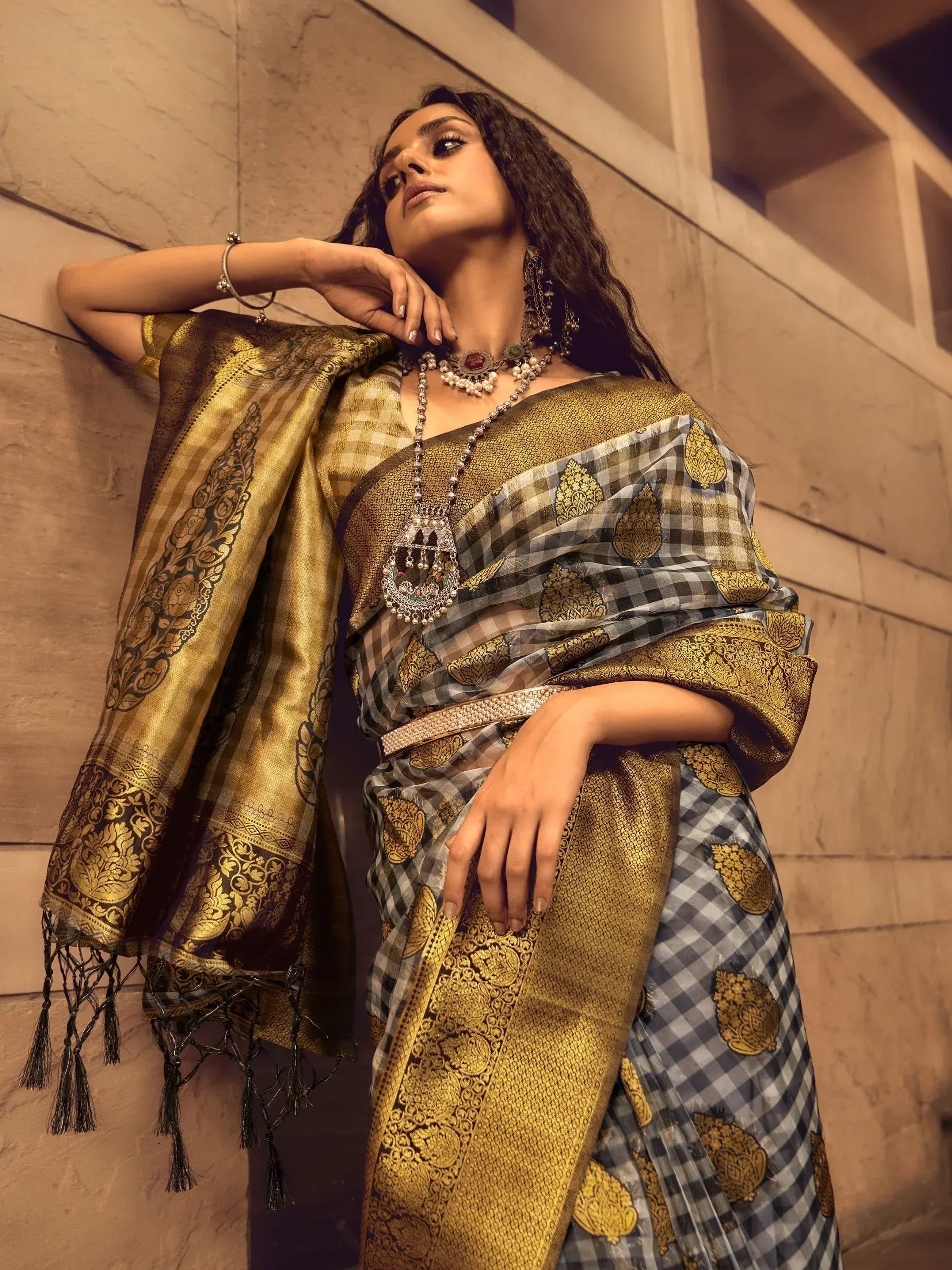 Elegant woman in designer saree with gold embroidery and checkered pattern, styled with traditional jewelry.