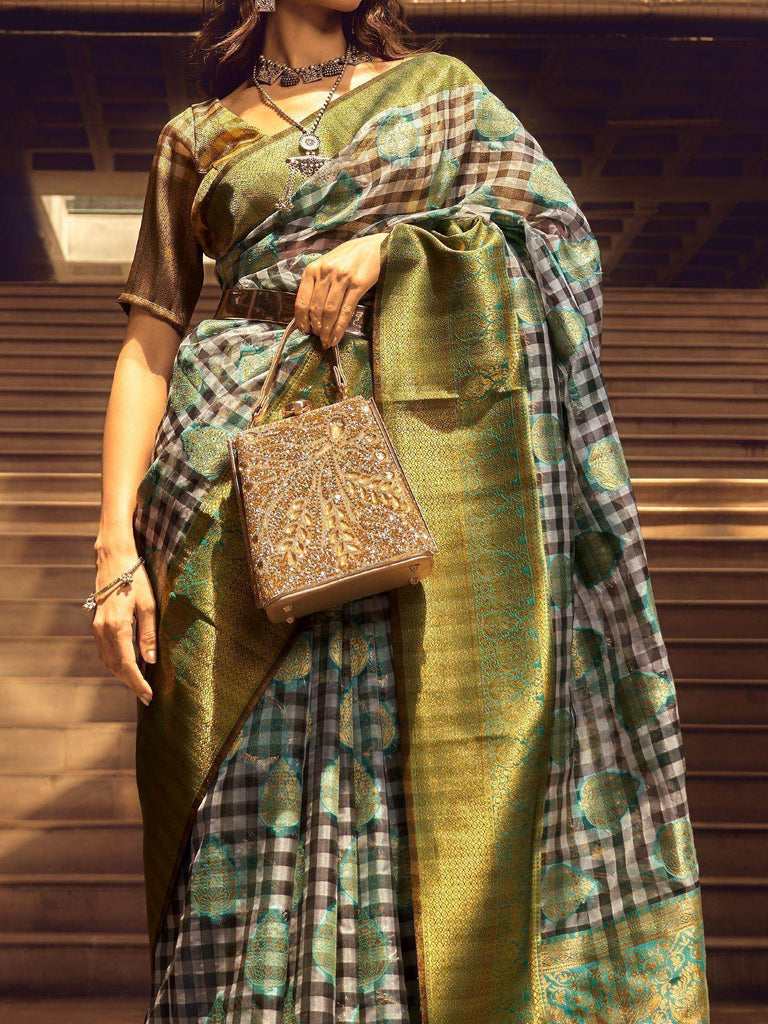 Mesmerizing Grey & Green Zari Weaving Organza Saree With Blouse