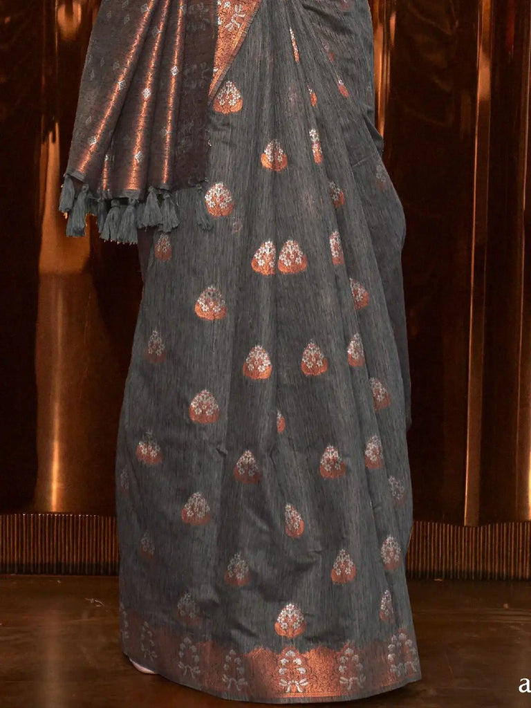 Glamorous Grey Copper Weaving Silk Traditional Saree With Blouse