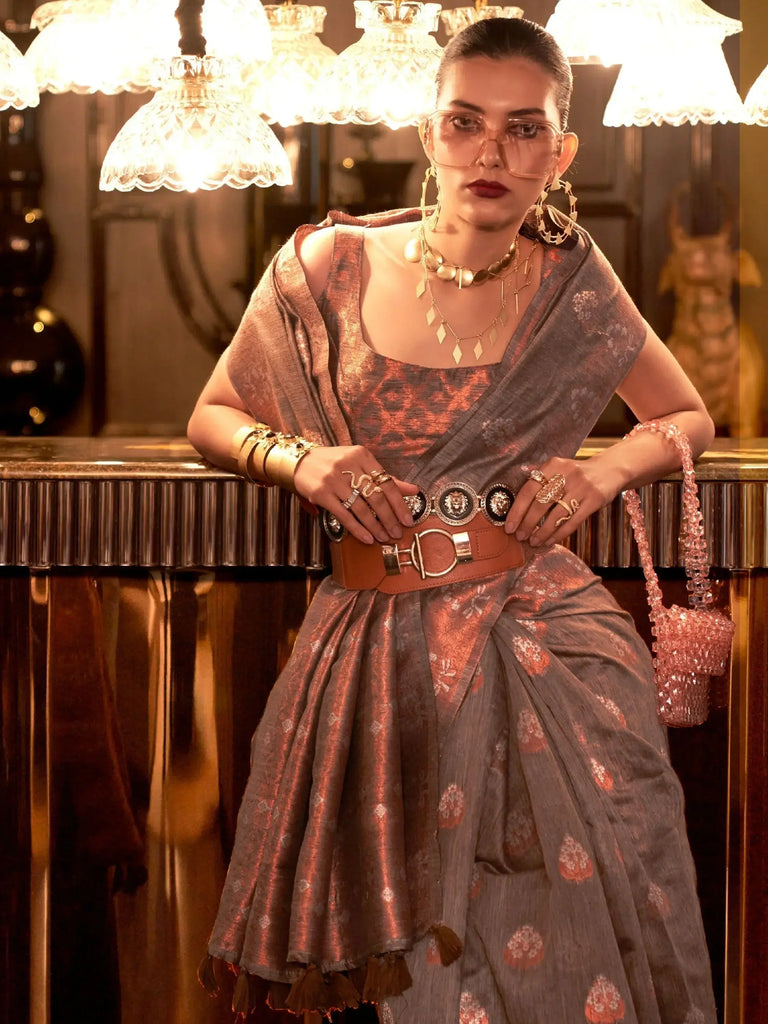 Enchanting Brown Copper Weaving Silk Festival Wear Saree With Blouse