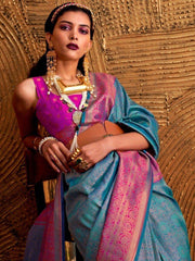 Astonishing Sky-Blue Weaving Silk Function Wear Saree With Blouse