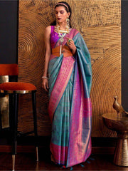 Astonishing Sky-Blue Weaving Silk Function Wear Saree With Blouse
