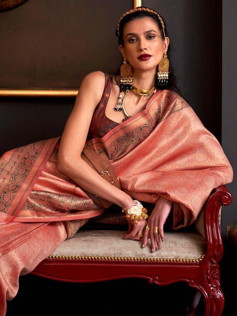 Enchanting Peach Weaving Silk Festival Wear Saree With Blouse
