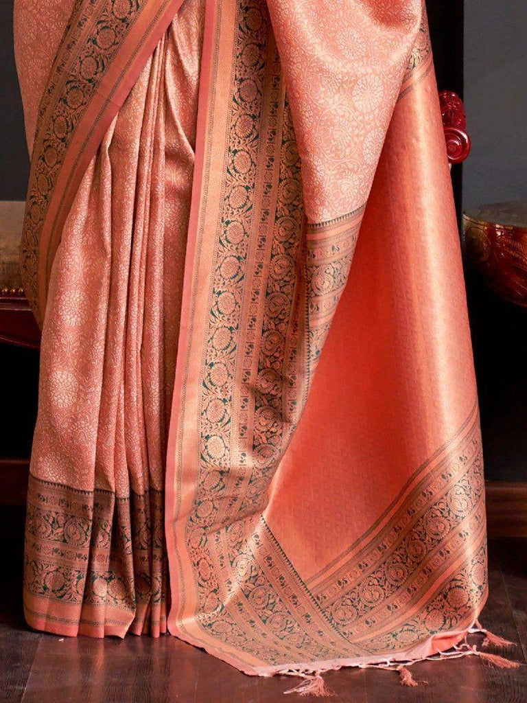 Enchanting Peach Weaving Silk Festival Wear Saree With Blouse