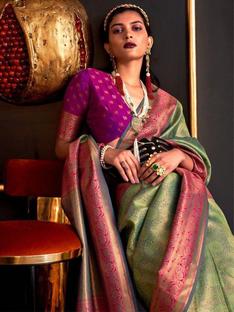 Adorable Green Weaving Silk Wedding Wear Saree With Blouse