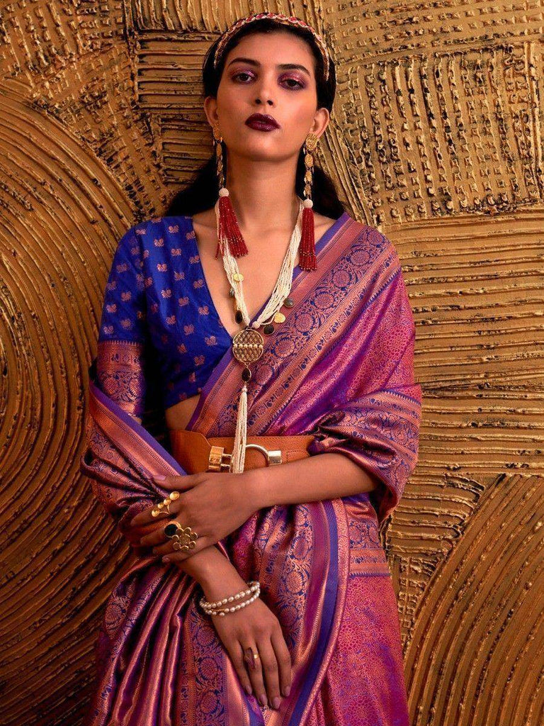 Attractive Purple Copper Weaving Silk Reception Wear Saree With Blouse