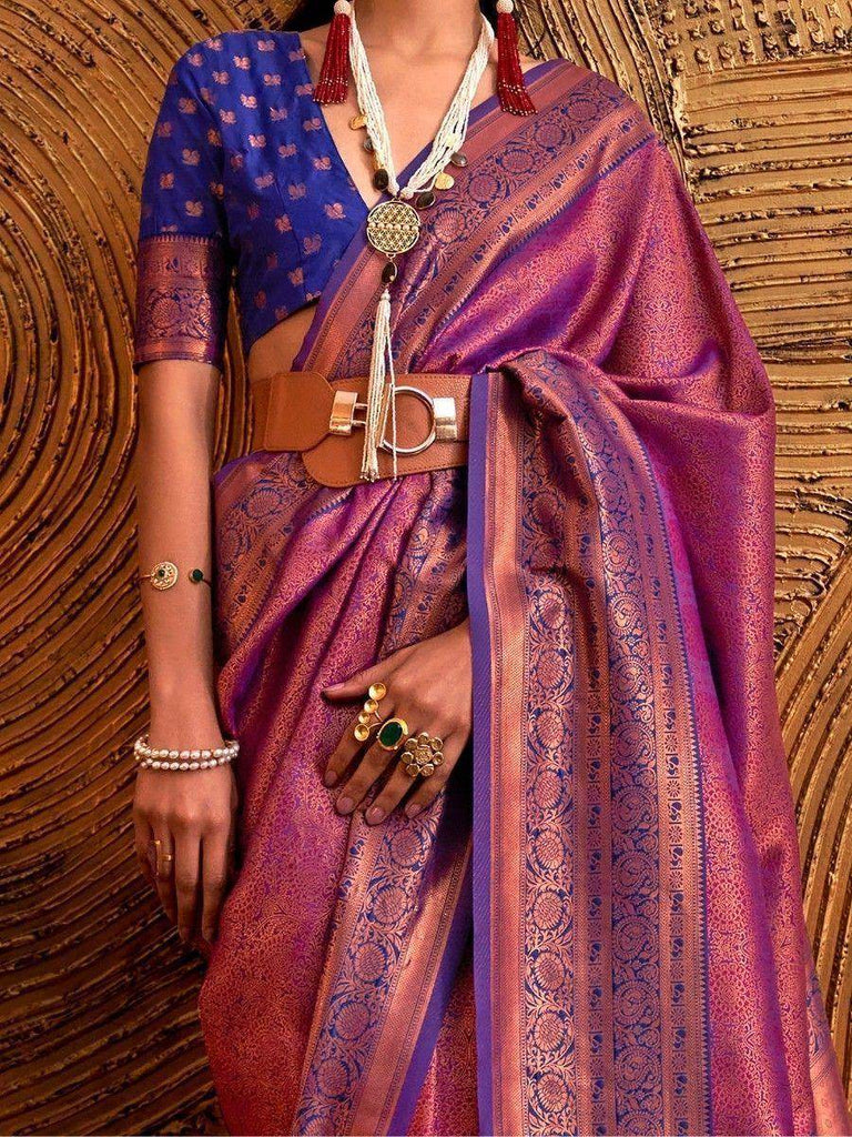 Attractive Purple Copper Weaving Silk Reception Wear Saree With Blouse