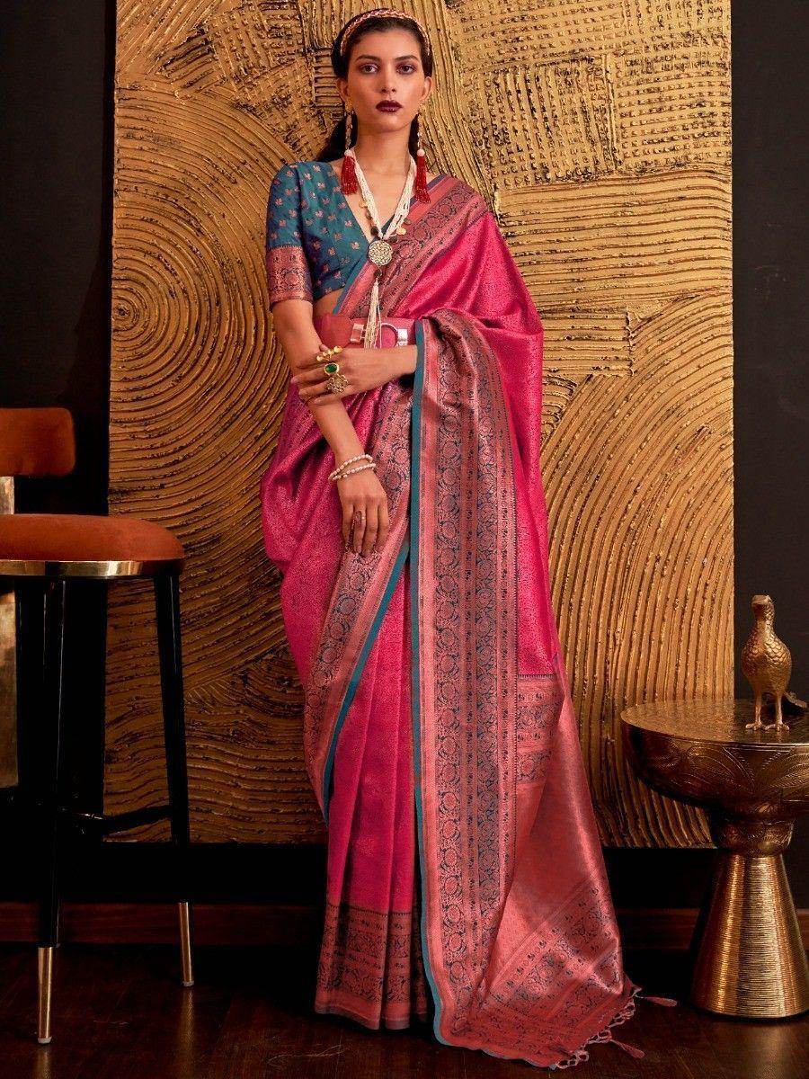 Precious Pink Weaving Silk Reception Wear Saree With Blouse