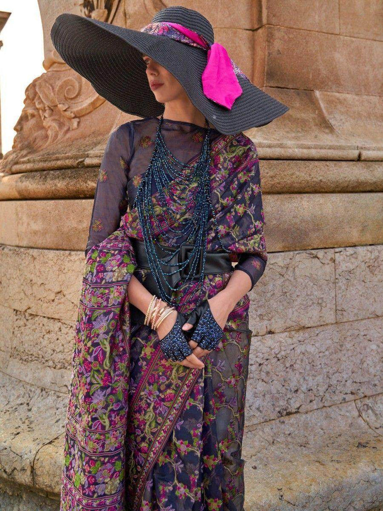 Wonderful Navy Blue Floral Weaving Organza Festival Wear Saree