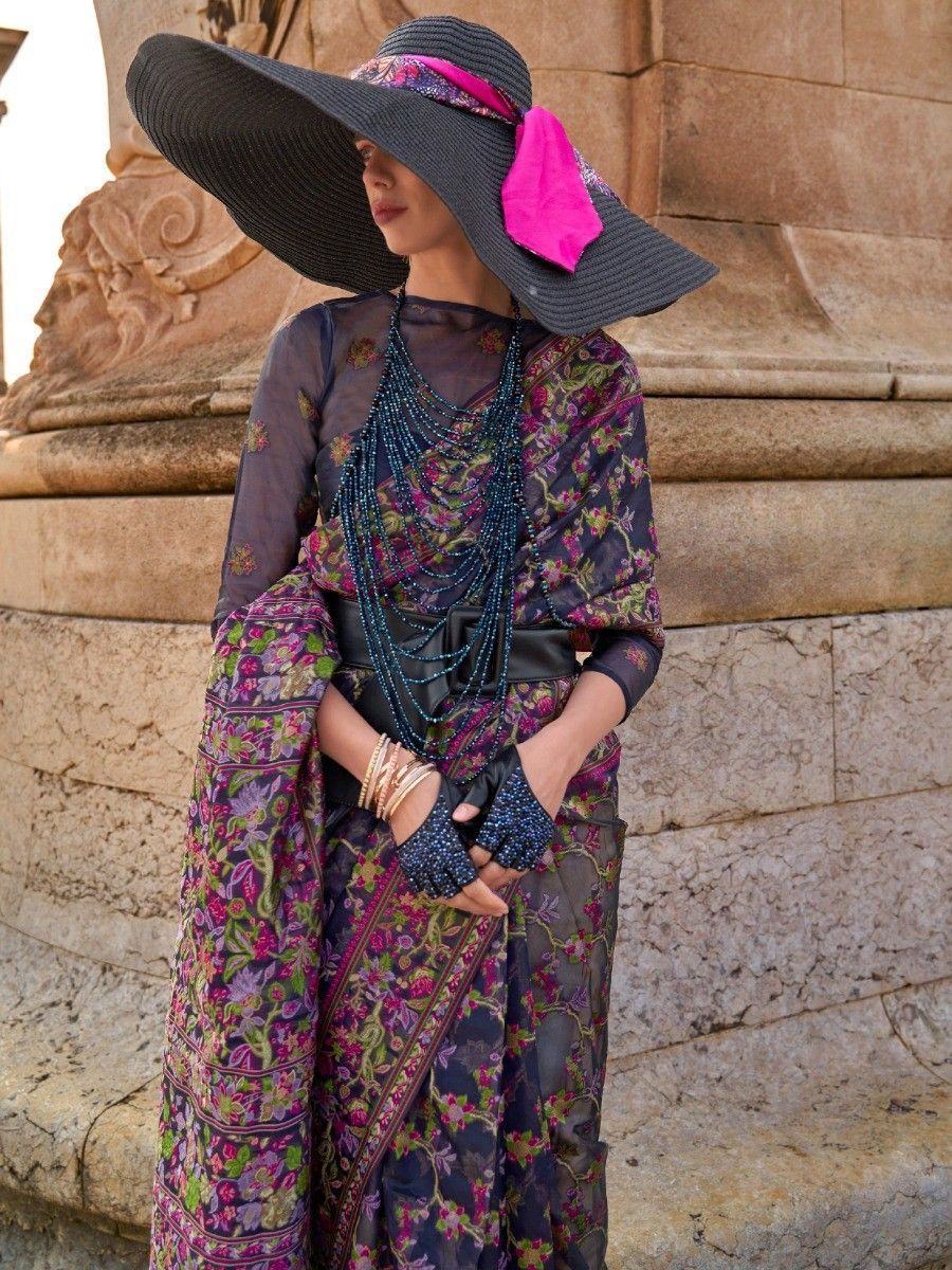 Wonderful Navy Blue Floral Weaving Organza Festival Wear Saree