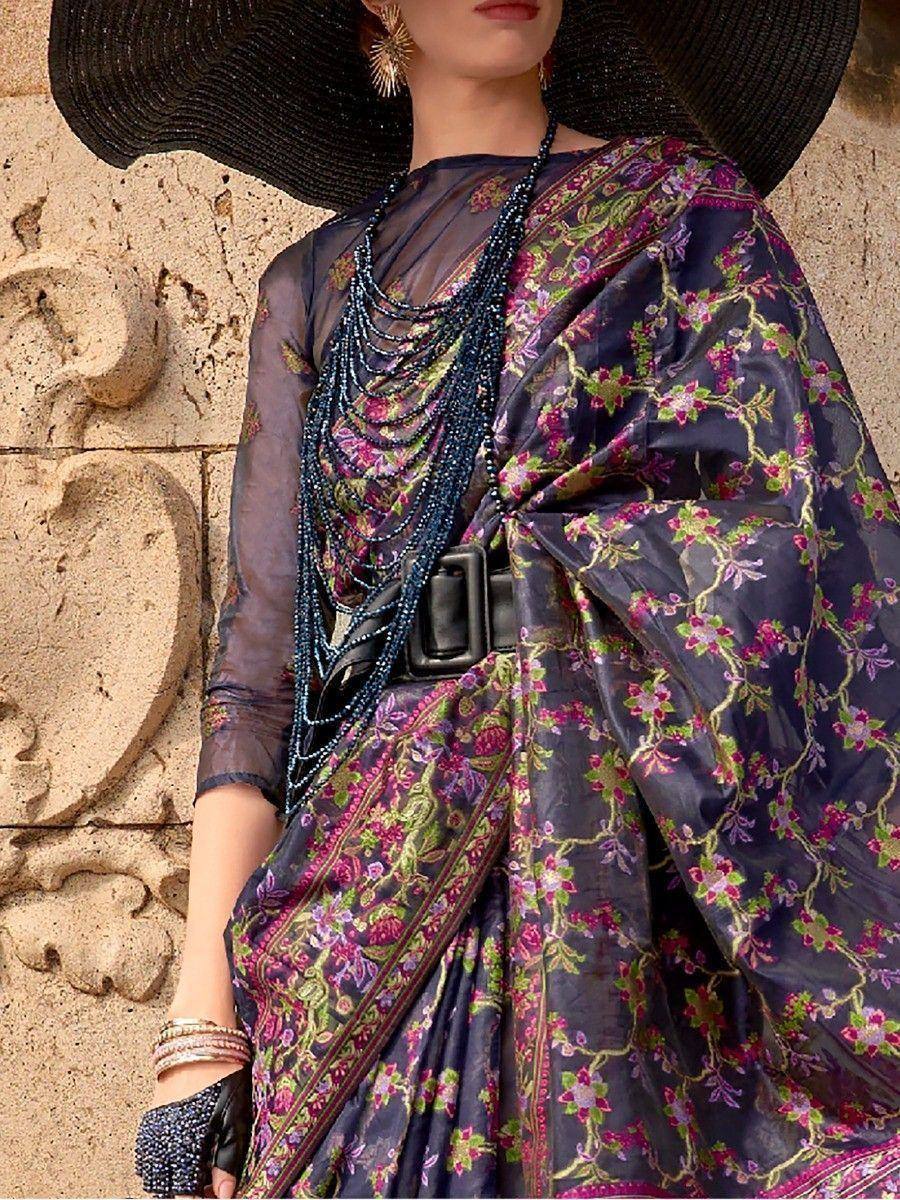 Wonderful Navy Blue Floral Weaving Organza Festival Wear Saree