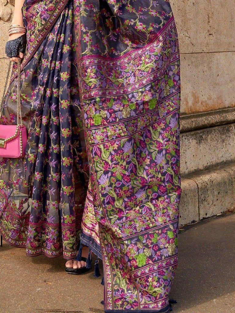 Wonderful Navy Blue Floral Weaving Organza Festival Wear Saree