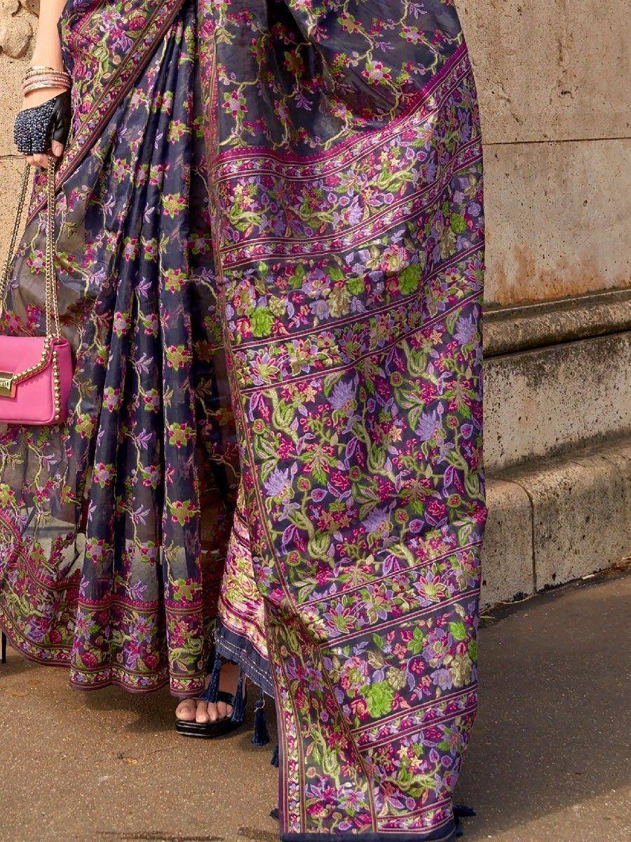 Wonderful Navy Blue Floral Weaving Organza Festival Wear Saree