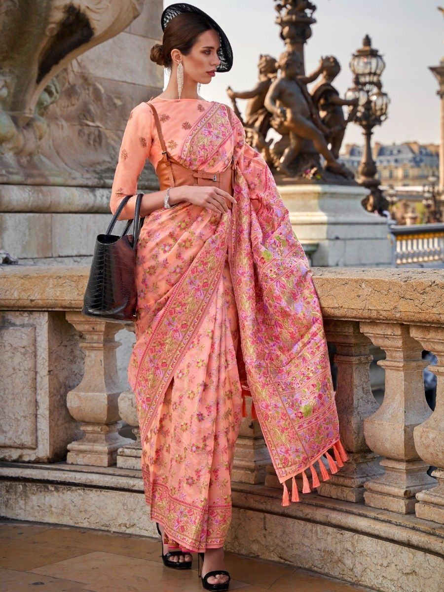 Adorable Peach Floral Weaving Organza Event Wear Saree With Blouse