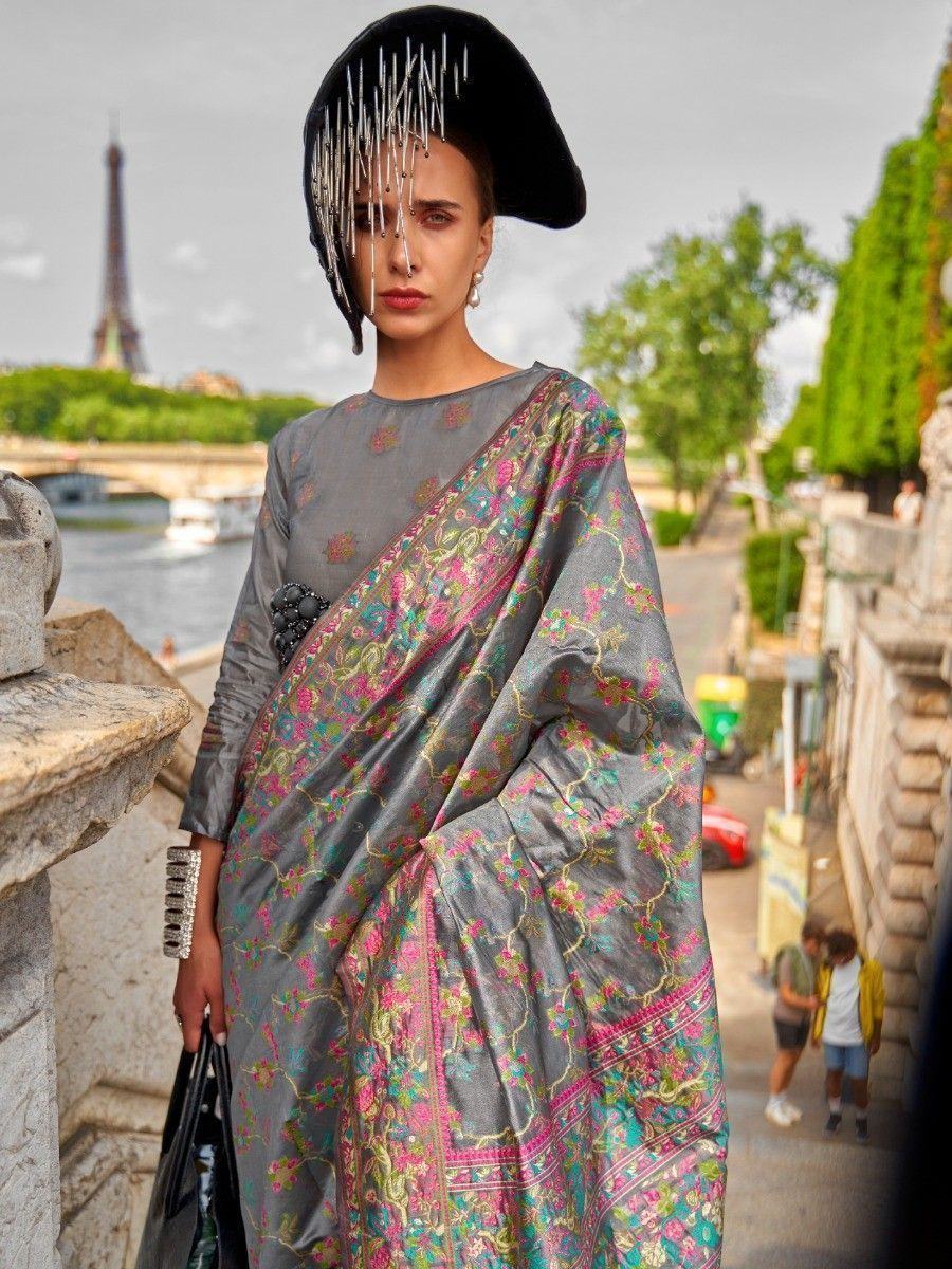 Beautiful Grey Floral Weaving Organza Traditional Saree With Blouse