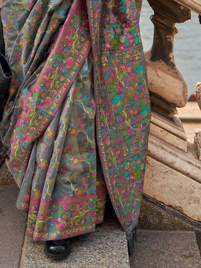 Beautiful Grey Floral Weaving Organza Traditional Saree With Blouse