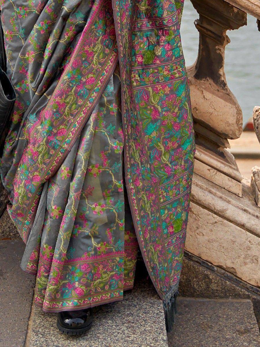 Beautiful Grey Floral Weaving Organza Traditional Saree With Blouse