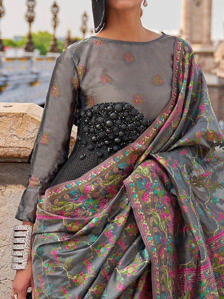 Beautiful Grey Floral Weaving Organza Traditional Saree With Blouse