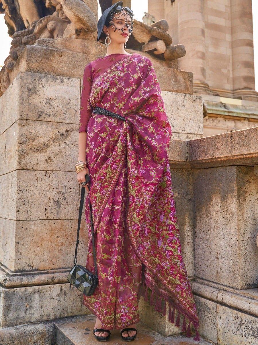 Glamorous Magenta Floral Weaving Organza Function Wear Saree