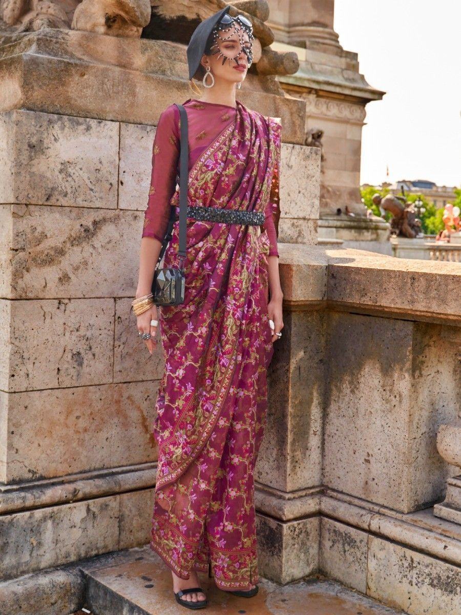 Glamorous Magenta Floral Weaving Organza Function Wear Saree