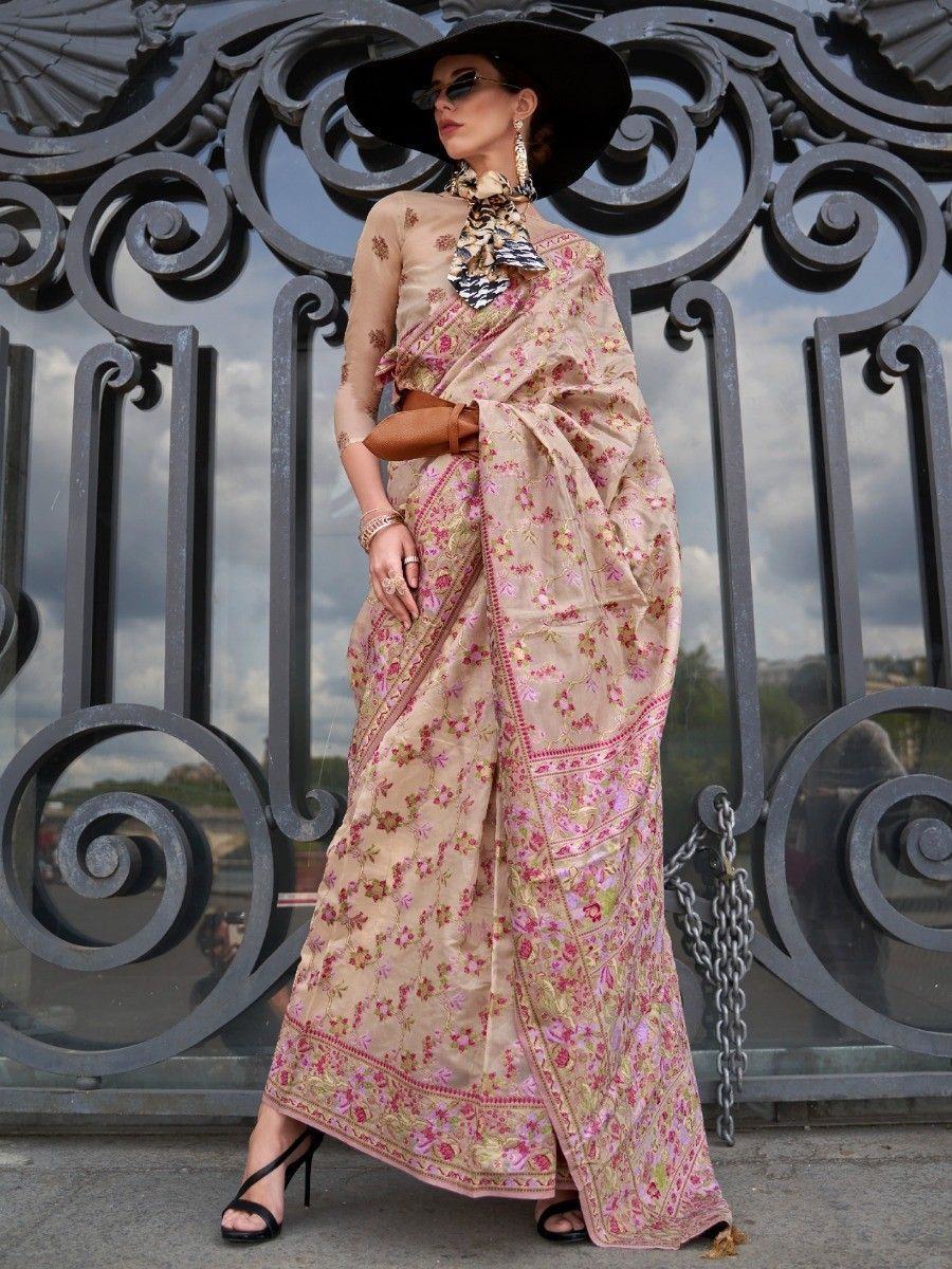 Astonishing Cream Floral Weaving Organza Festival Wear Saree