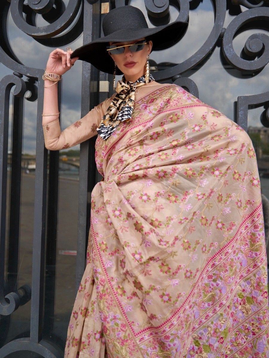 Astonishing Cream Floral Weaving Organza Festival Wear Saree