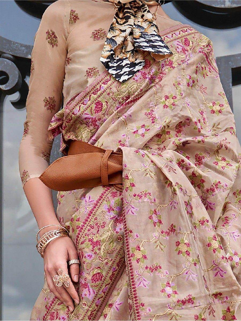 Astonishing Cream Floral Weaving Organza Festival Wear Saree