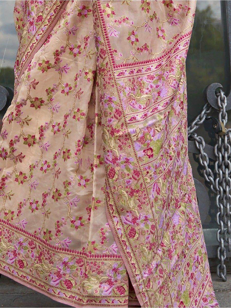 Astonishing Cream Floral Weaving Organza Festival Wear Saree
