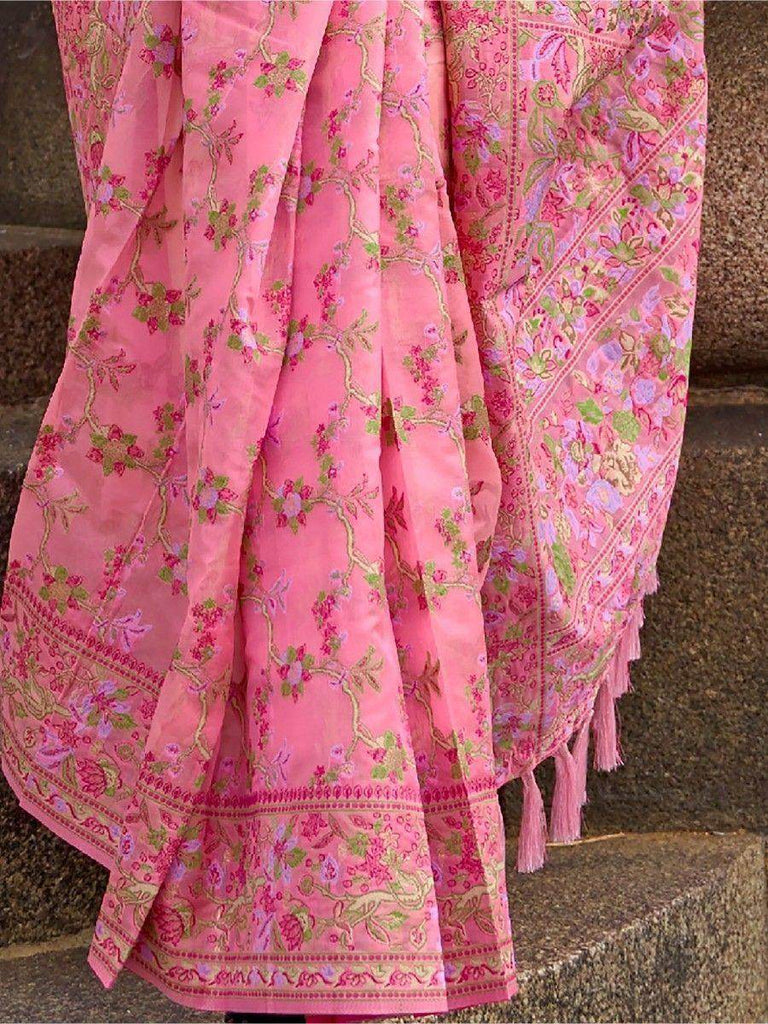 Gorgeous Pink Floral Weaving Organza Saree With Blouse