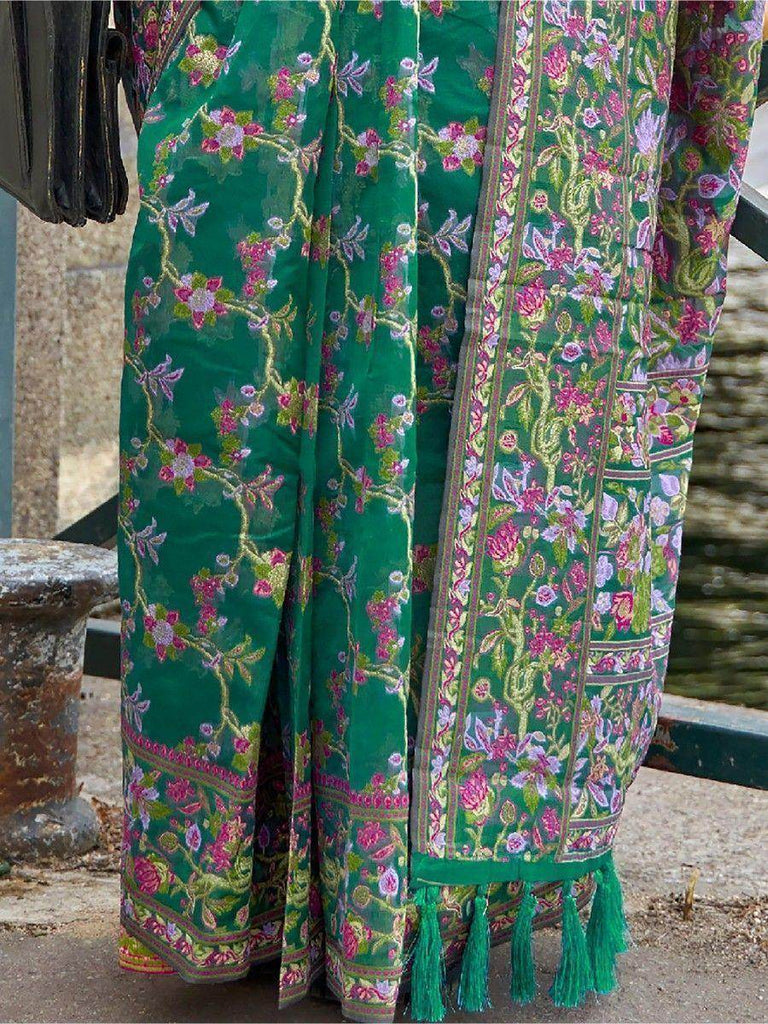 Outstanding Green Floral Weaving Organza Traditional Saree With Blouse