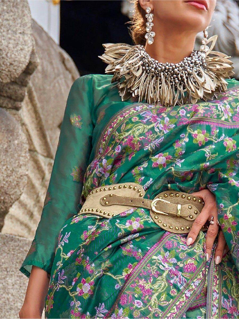 Outstanding Green Floral Weaving Organza Traditional Saree With Blouse