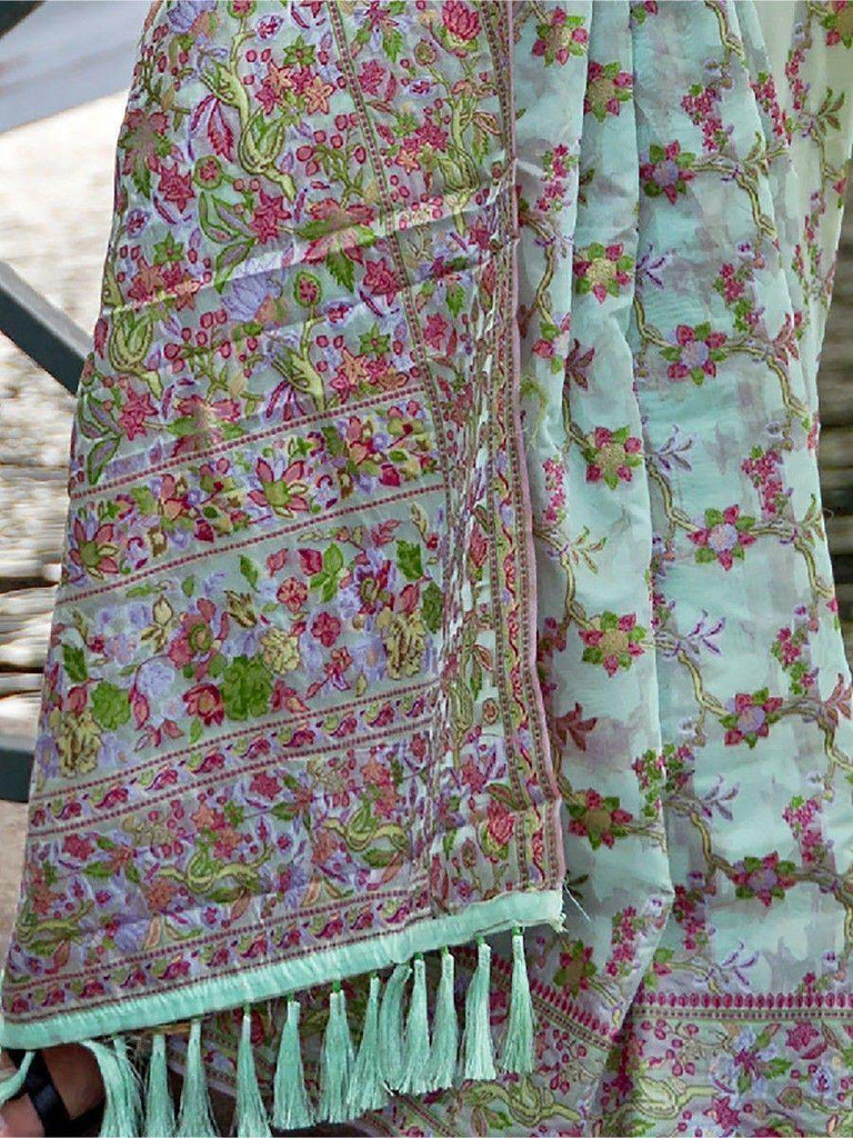 Attractive Sea Green Floral Weaving Organza Event Wear Saree