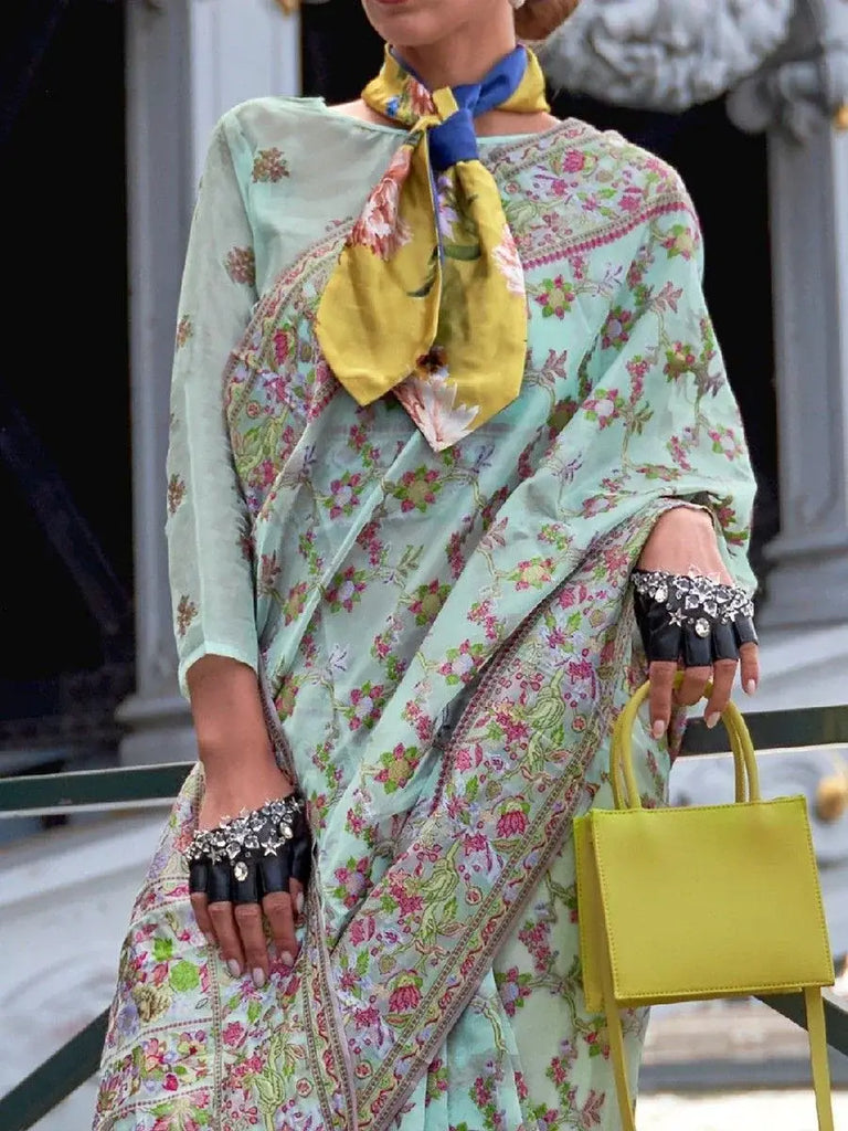 Attractive Sea Green Floral Weaving Organza Event Wear Saree