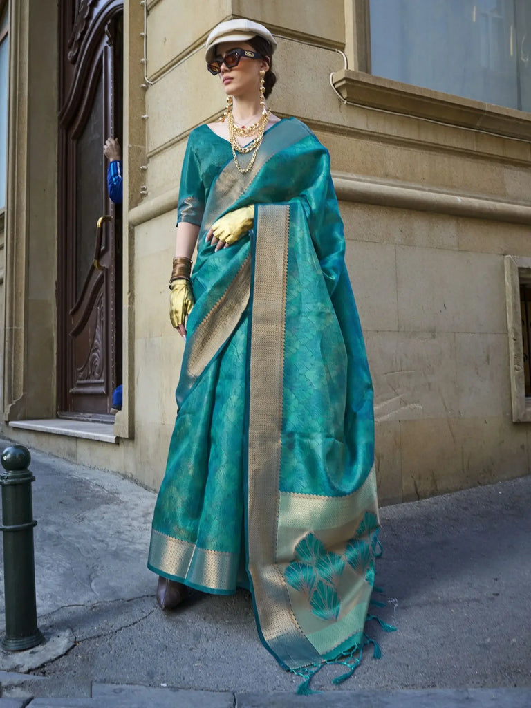 Captivating Sky-Blue Printed Organza Function Wear Saree With Blouse