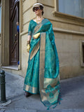Captivating Sky-Blue Printed Organza Function Wear Saree With Blouse
