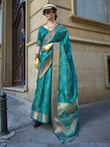 Captivating Sky-Blue Printed Organza Function Wear Saree With Blouse