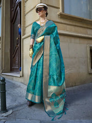 Captivating Sky-Blue Printed Organza Function Wear Saree With Blouse