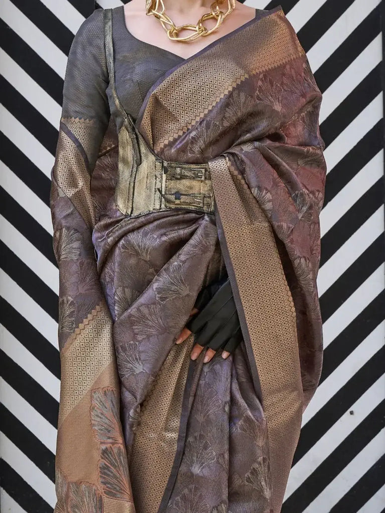 Glamorous Dusty Purple Printed Organza Wedding Saree With Blouse