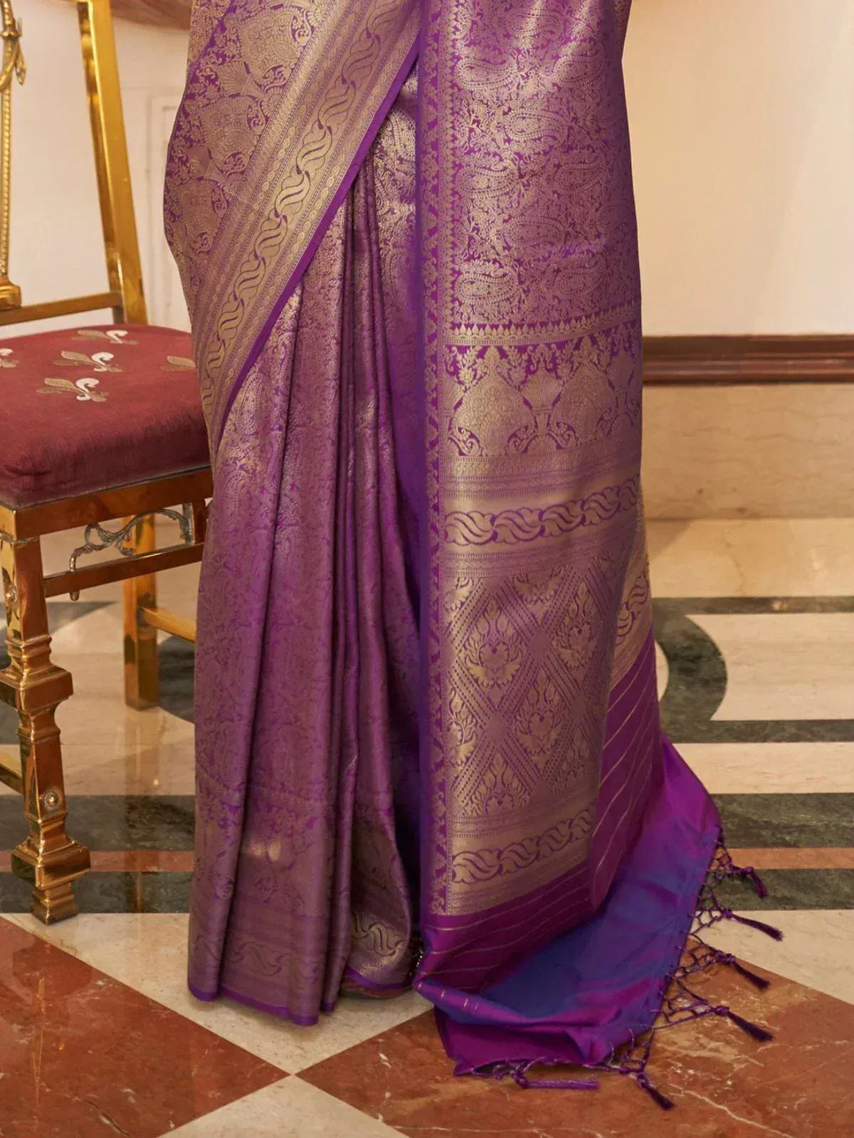 Purple designer saree with gold zari work, ethnic wear for women, perfect for weddings and festivals